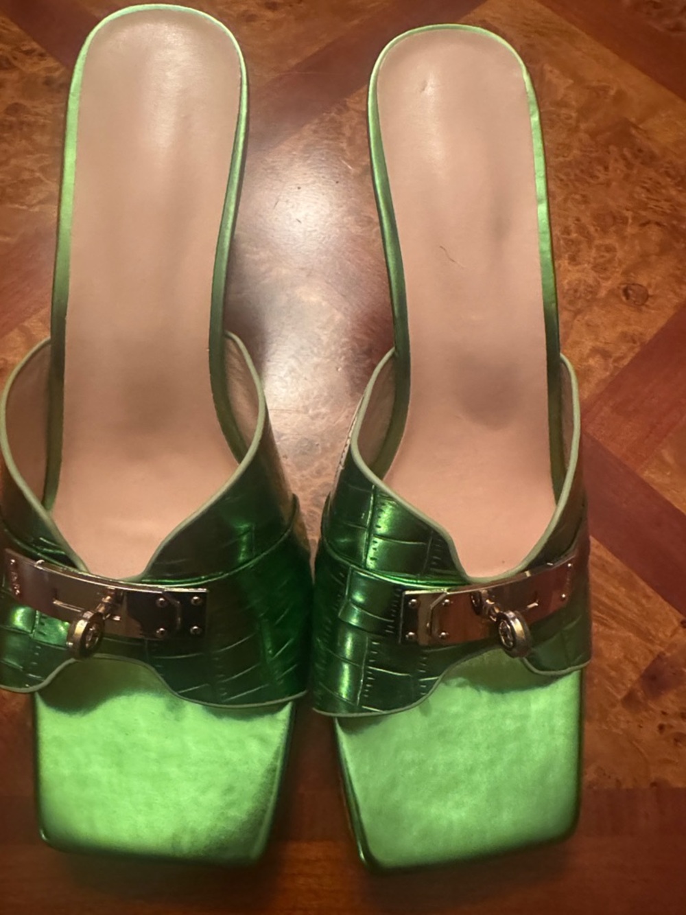 Green Metallic Slide Mules with Silver Buckle
